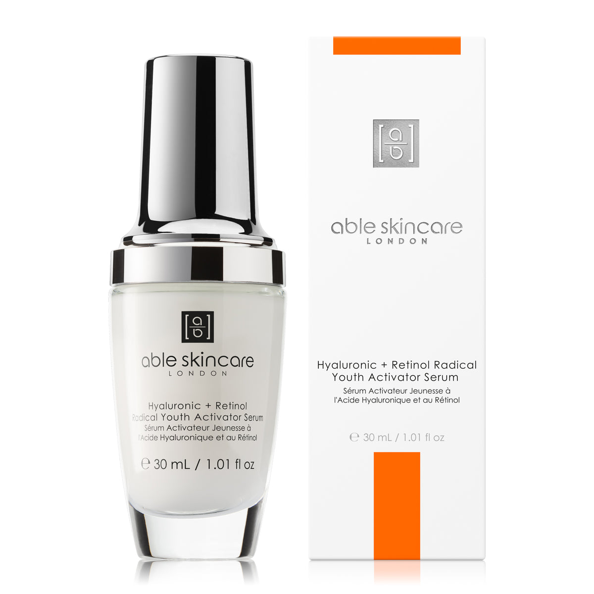 Hyaluronic + Retinol Radical Youth Activator Serum with carton on a white background