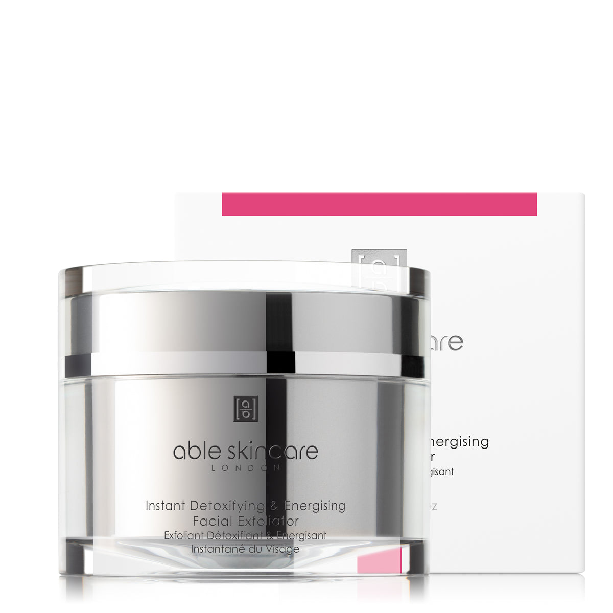 Instant Detoxifying &amp; Energising Facial Exfoliator with carton on a white background