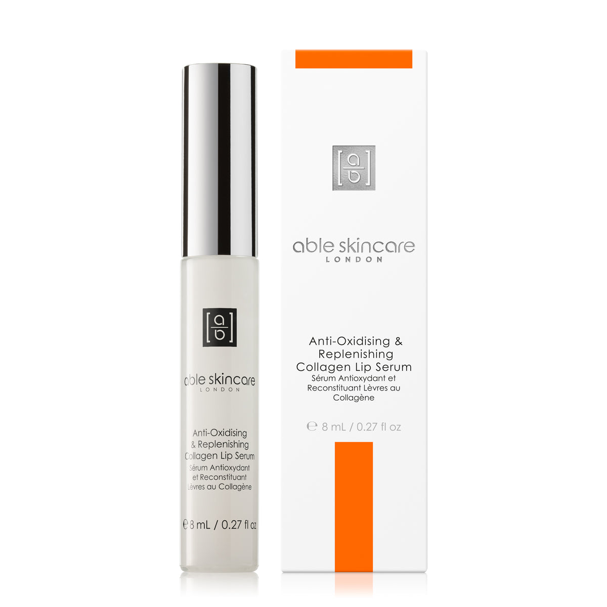 Antioxidising and Replenishing Collagen Lip Serum with carton on a white background