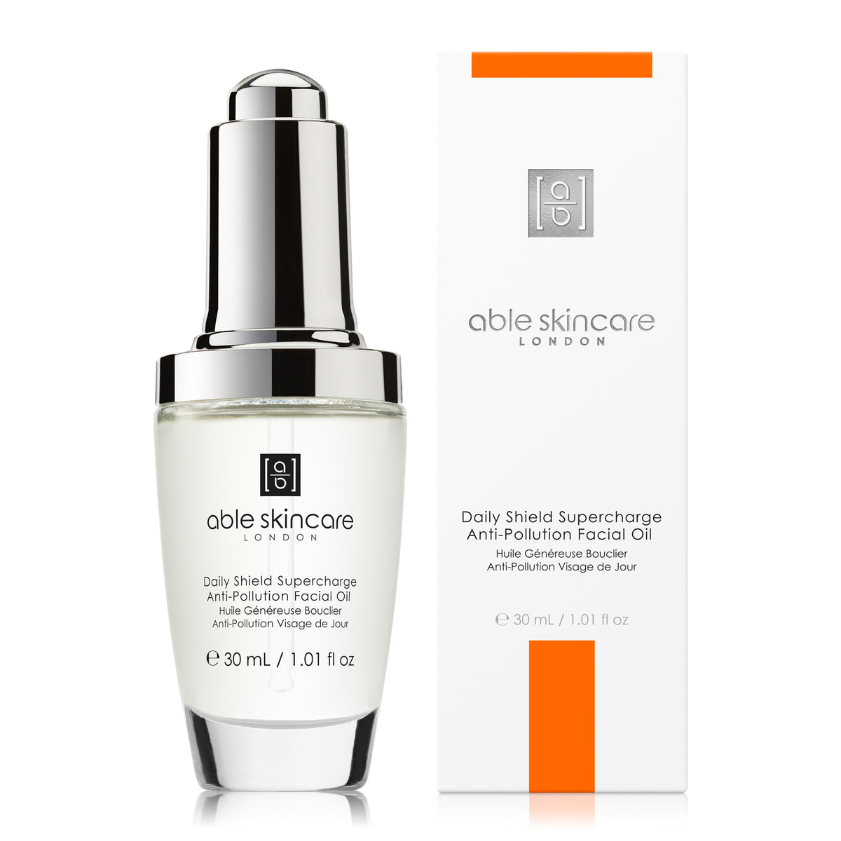 Daily Shield Supercharge Anti-Pollution Facial Oil with carton on a white background