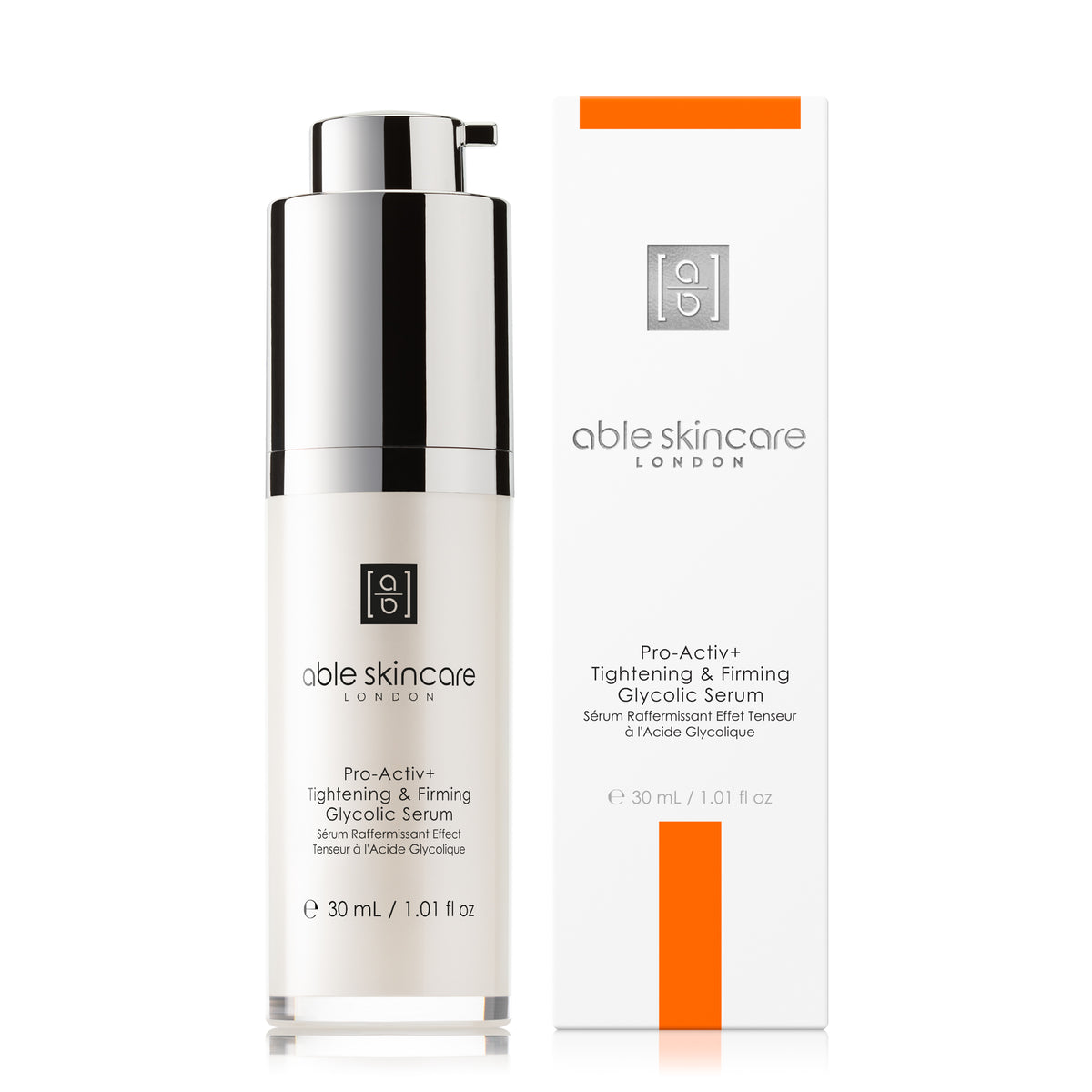 Pro-Activ+ Tightening and Firming Glycolic Serum with carton on a white background
