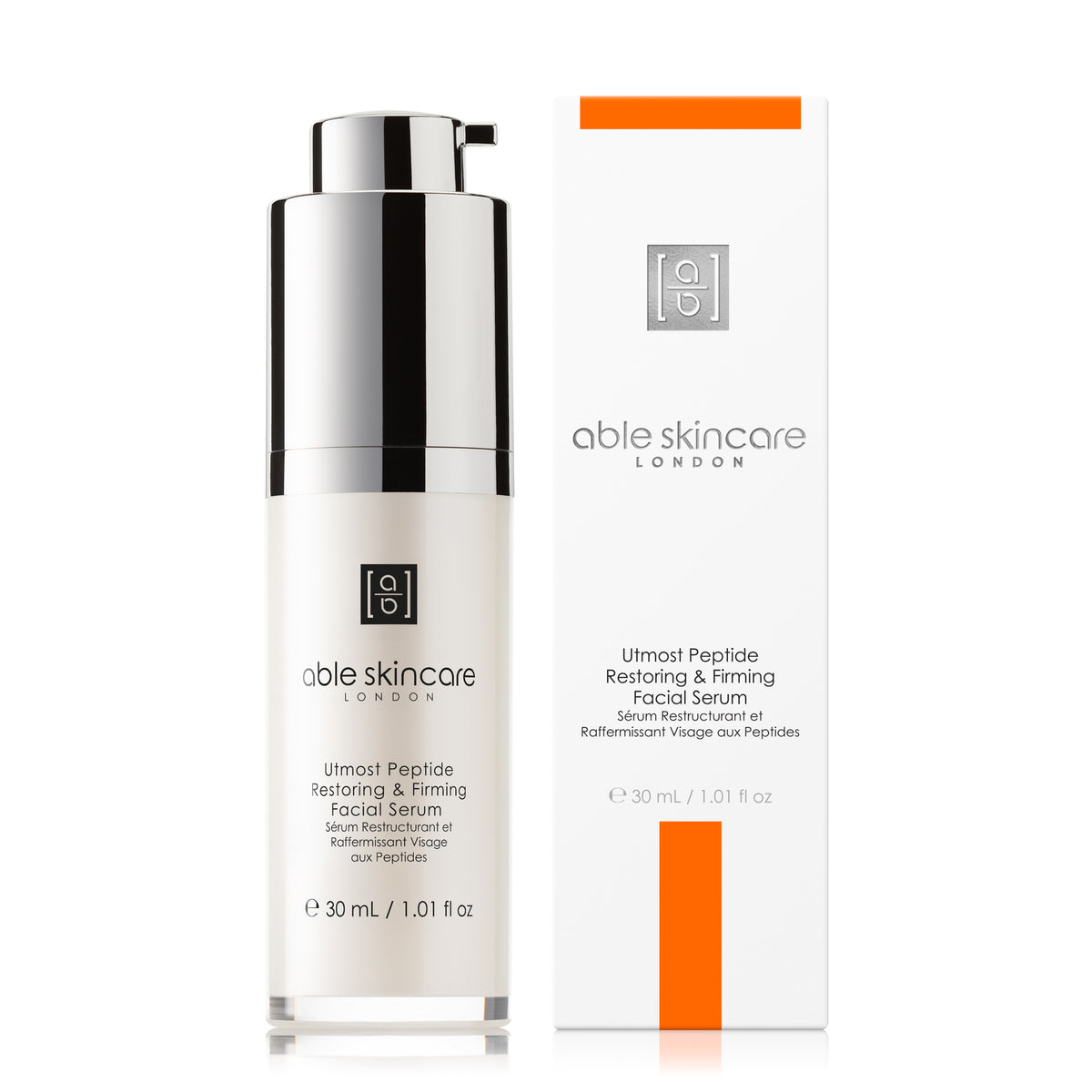 Utmost Peptide Restoring & Firming Facial Serum with carton on a white background