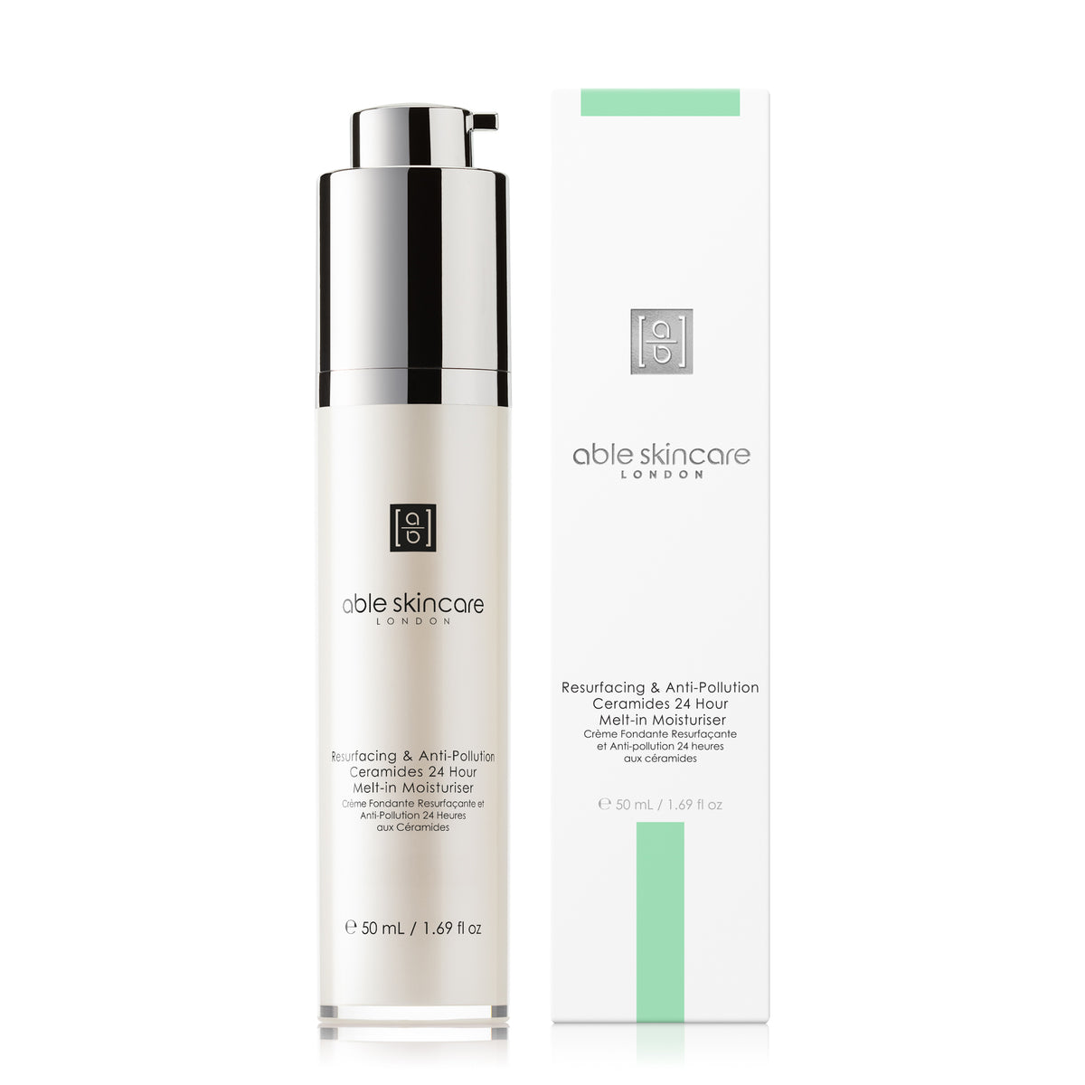 Resurfacing &amp; Anti-Pollution Ceramides 24 Hour Melt-in Moisturiser with carton on a white background