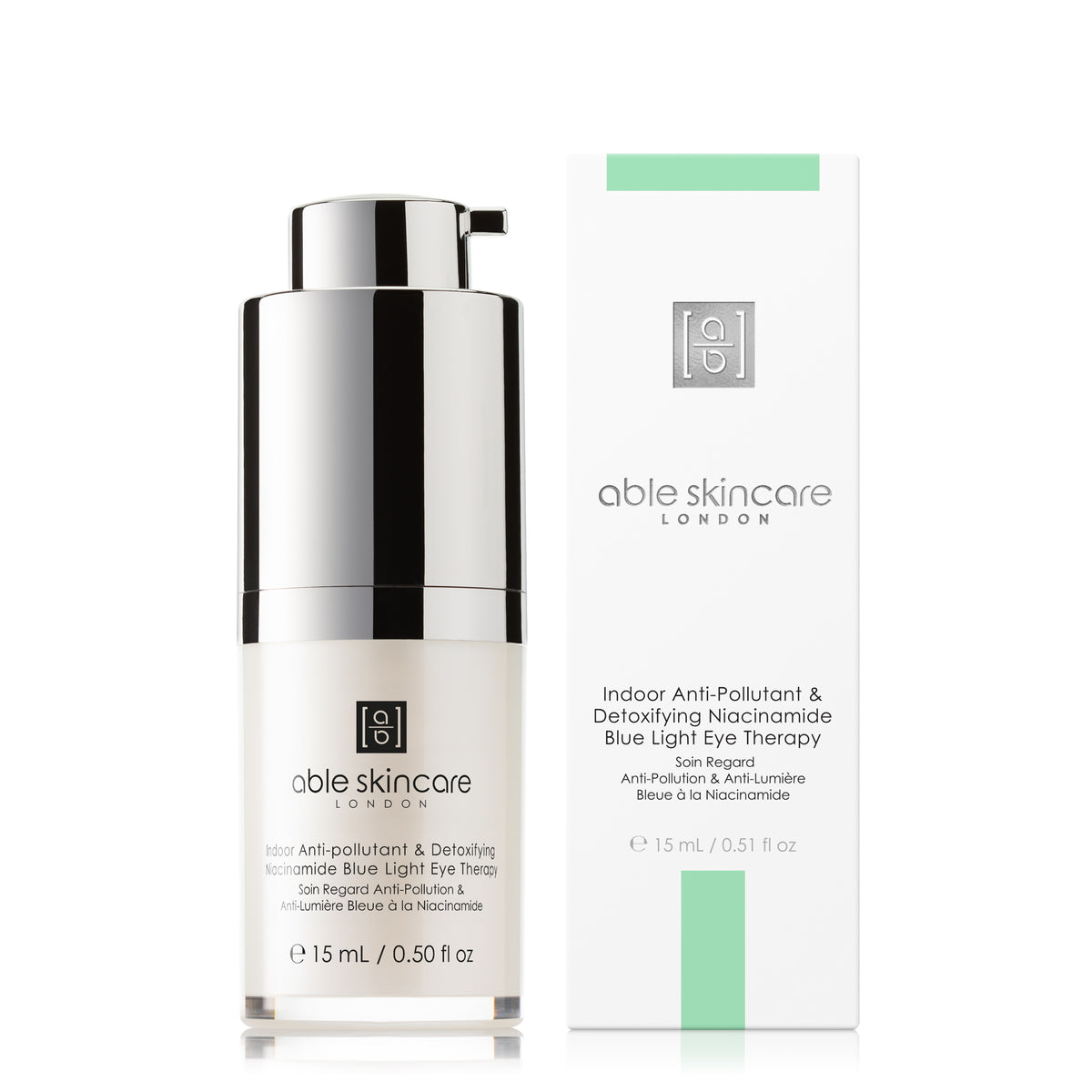 Indoor anti-pollutant &amp; detoxifying Niacinamide blue light eye therapy with carton on a white background