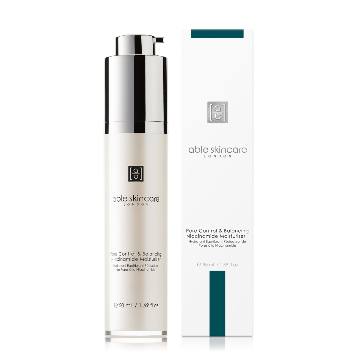 Pore Control &amp; Balancing Niacinamide Moisturiser with carton on a white background