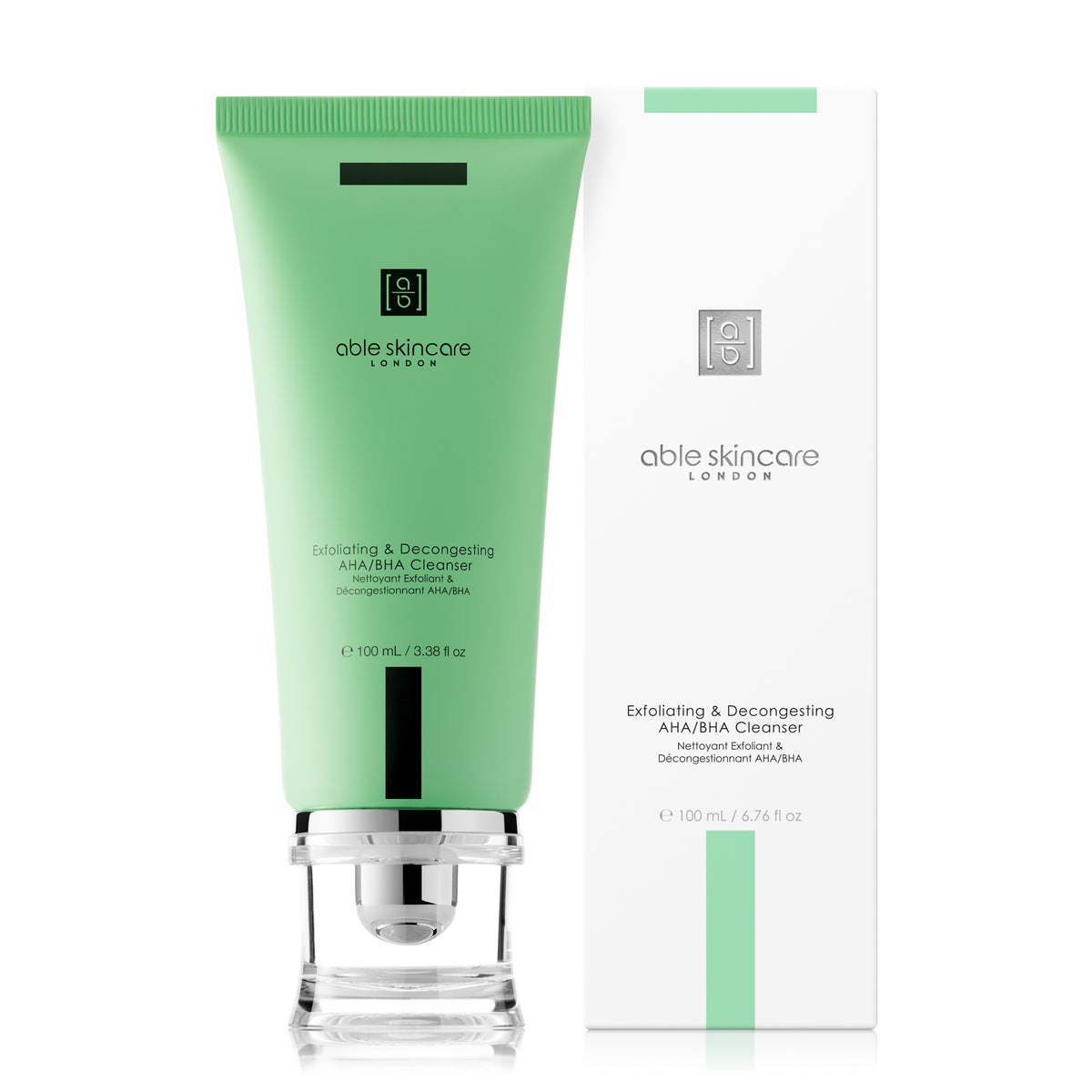 Exfoliating & Decongesting AHA/BHA Cleanser with carton on a white background