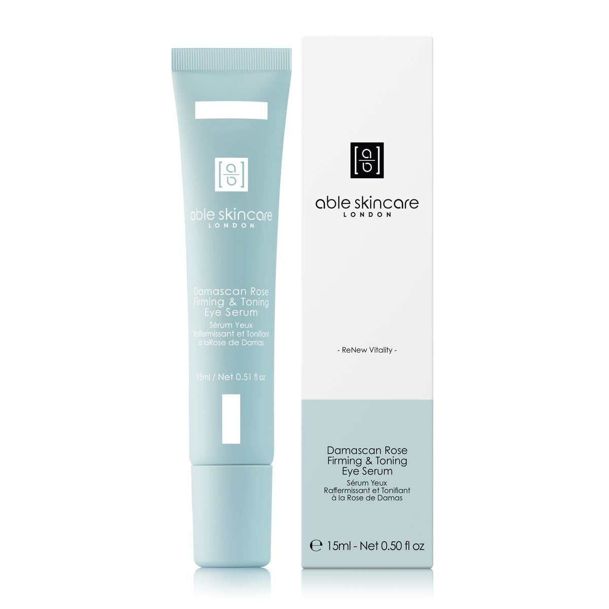 Damascan Rose Firming & Toning Eye Serum with carton on a white background